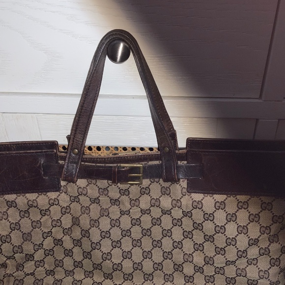 AUTHENTIC GUCCI PRELOVED HANDBAG BROWN BEIGE CANVAS LEATHER GG SATCHEL BUCKLE - Picture 4 of 9